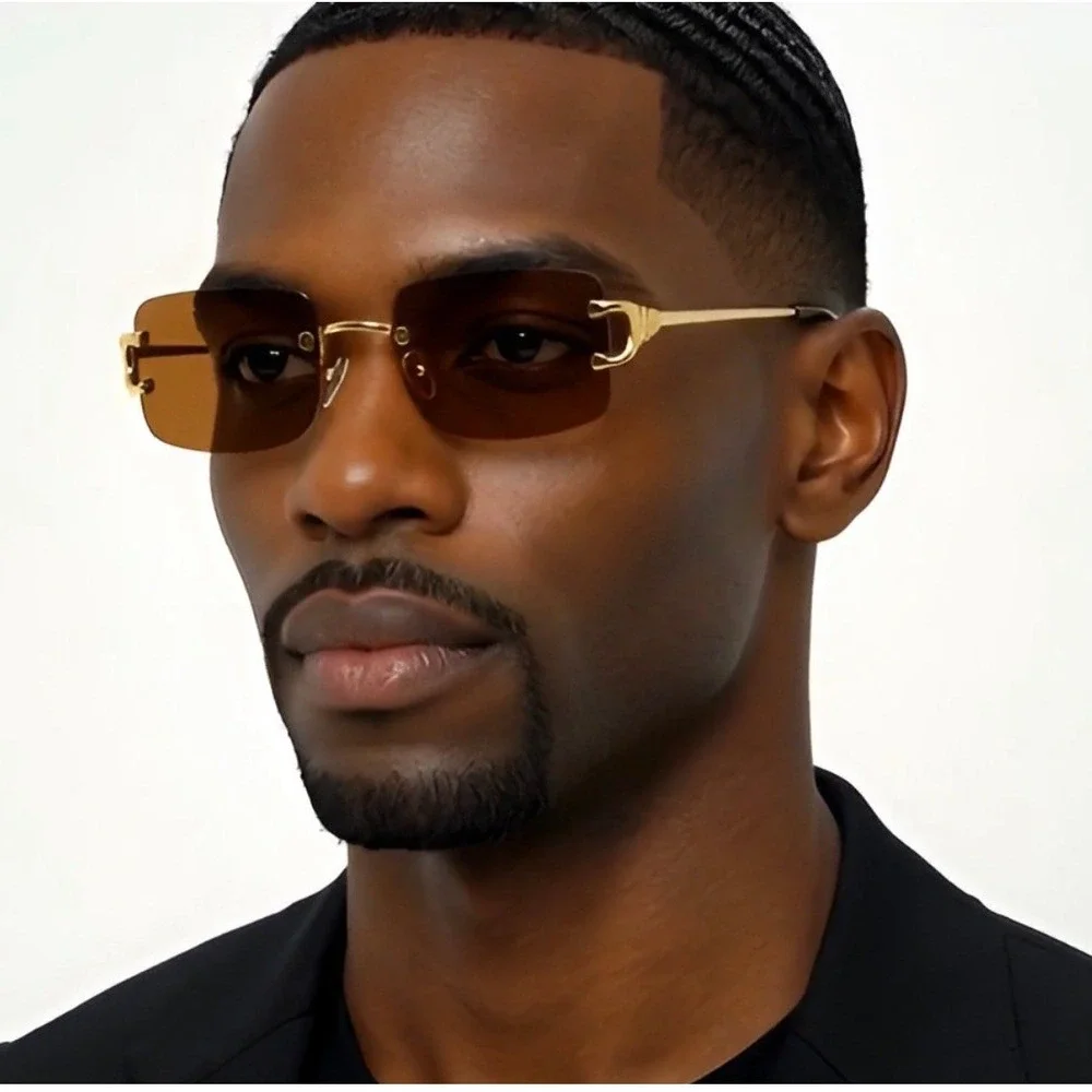 Men Sunglasses Dark Brown Lens Gold Accents Rectangle Frame Men's Fashion Trendy
